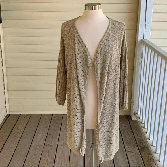 J. Jill Sweaters - J Jill Pointelle Open Cardigan Sweater Linen Blend Size Medium Beige *READ